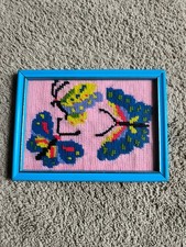 1980 Framed Needlepoint Artwork Featuring Three Colorful Butterflies