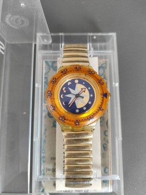Vintage Swatch 90er Jahre Scuba 200 Golden Island SDK100 Metall Flexarmband Box