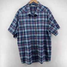 ALL HOURS Shirt Womens 48 Plaid Button Up Short Sleeve Vintage Blue USA