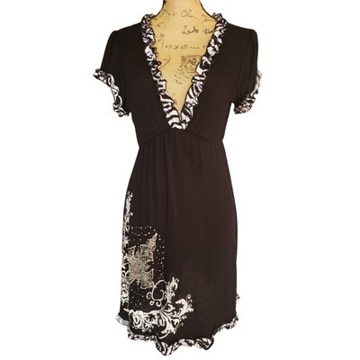 Vtg L&B Womens Rhinestone Embellished Dress L Elegant Black White V Ruffled