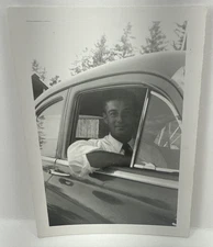 Vintage 1950s Man in Classic Car Photo Black & White Snapshot