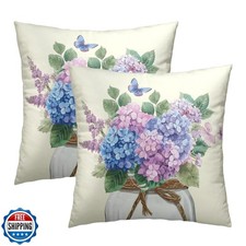 Mweet Hydrangea Flower Throw Pillow Cover Set of 2 18x18 Inch Vintage Blue Pu...