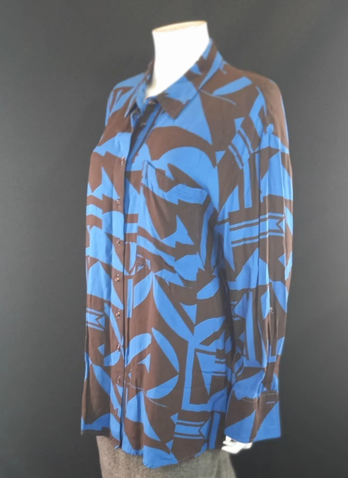 Next Blue Black Pattern Long Shirt Roll Tab Sleeves UK 18 EU 46 100% Viscose - Image 3 of 4