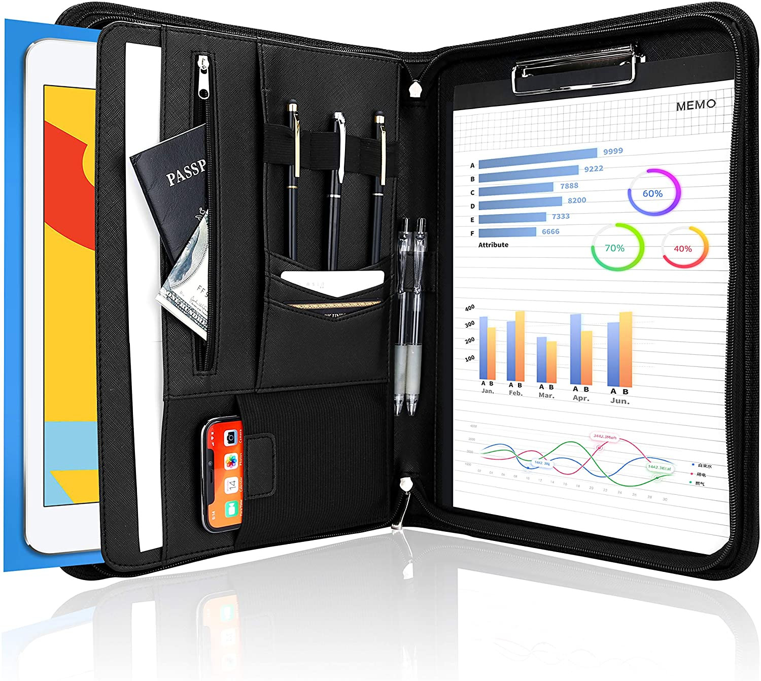 Portfolio Business Padfolio Folder with Zipper, Conference M