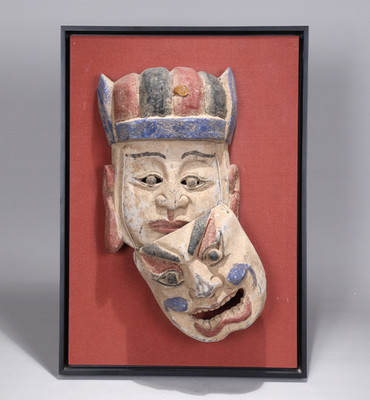 Ancient Asian Double Clay Face Mask Framed Wall Decor