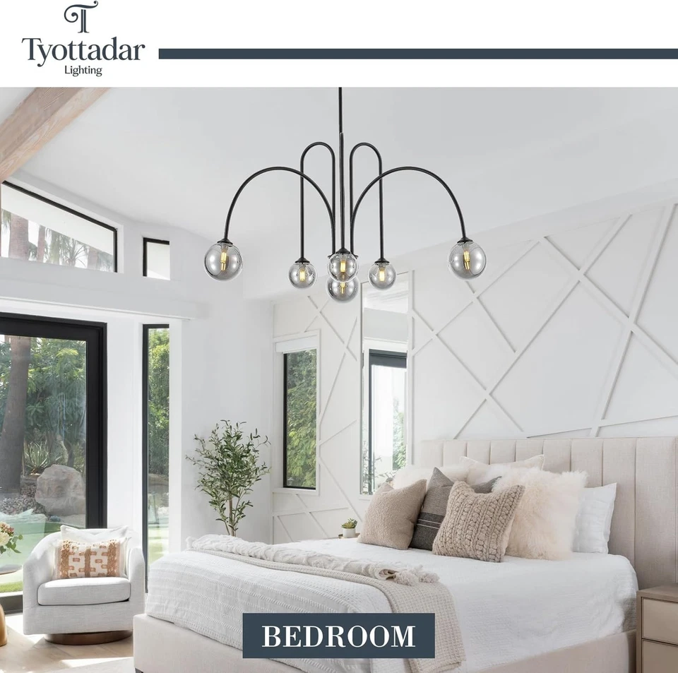 6-Light Modern Sputnik Chandelier Black w/ Smoked Glass Globes Adjustable Height - Image 2 of 4