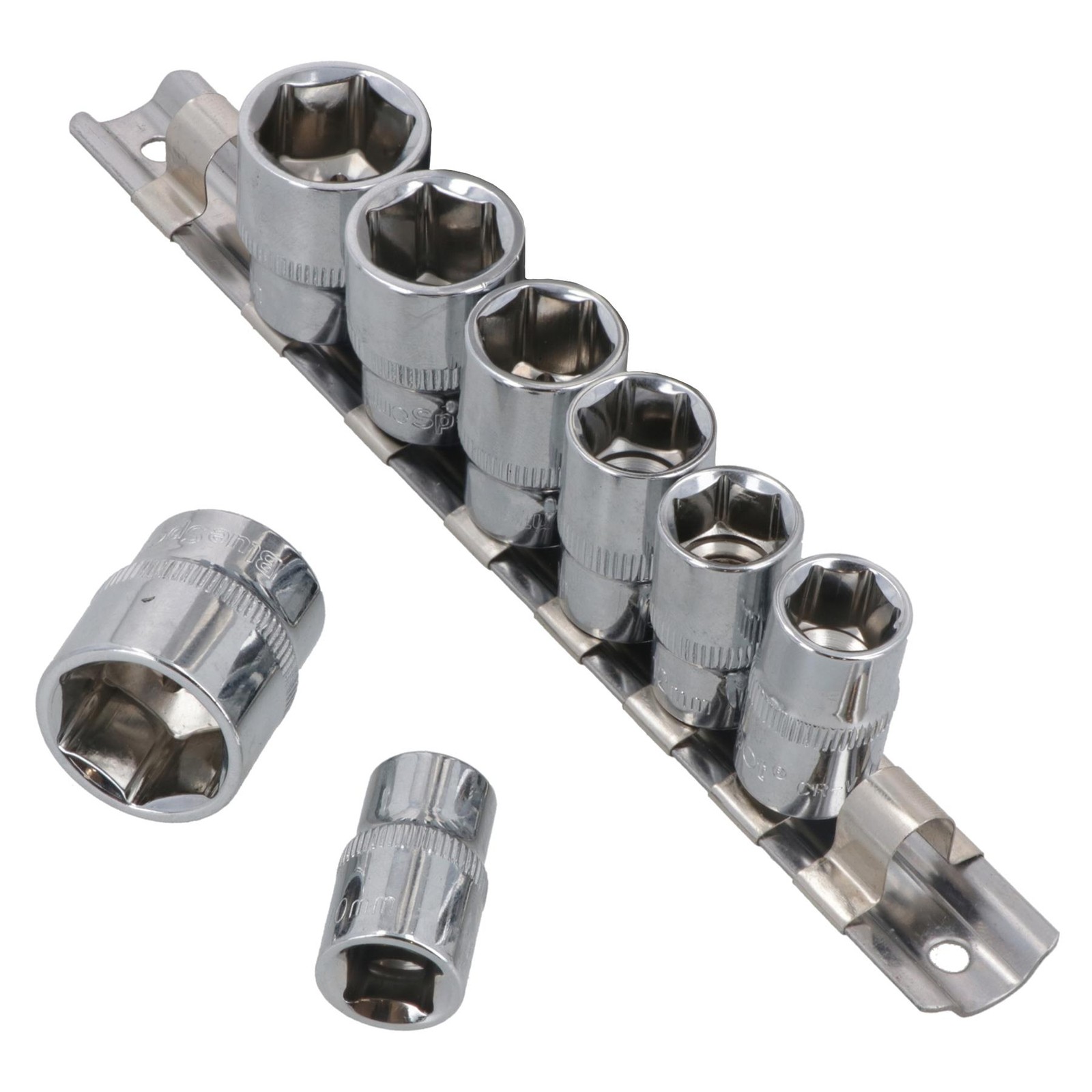 8pc 3/8"" Drive Shallow Metric 6 Sided Single Hex Sockets 10mm - 19mm On Rail