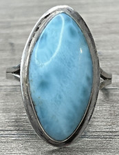 Vintage Sterling 925 Blue Larimar Marquise Cabochon Split Shank Ring SZ 6 3.5g