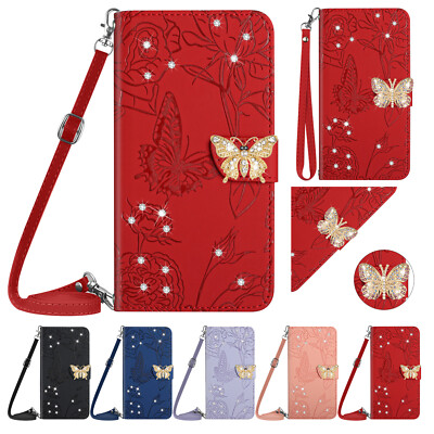 For iPhone 15 14 Pro Max Butterfly Bling Diamond Crossbody Wallet Case w/ Strap