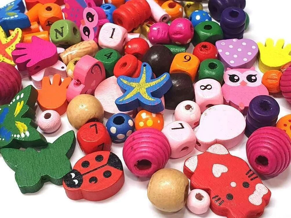 Holzperlen Mischung Bunt Kinder Schmuck Basteln Gemischt Motiv Für DIY H125 - Bild 2 von 4