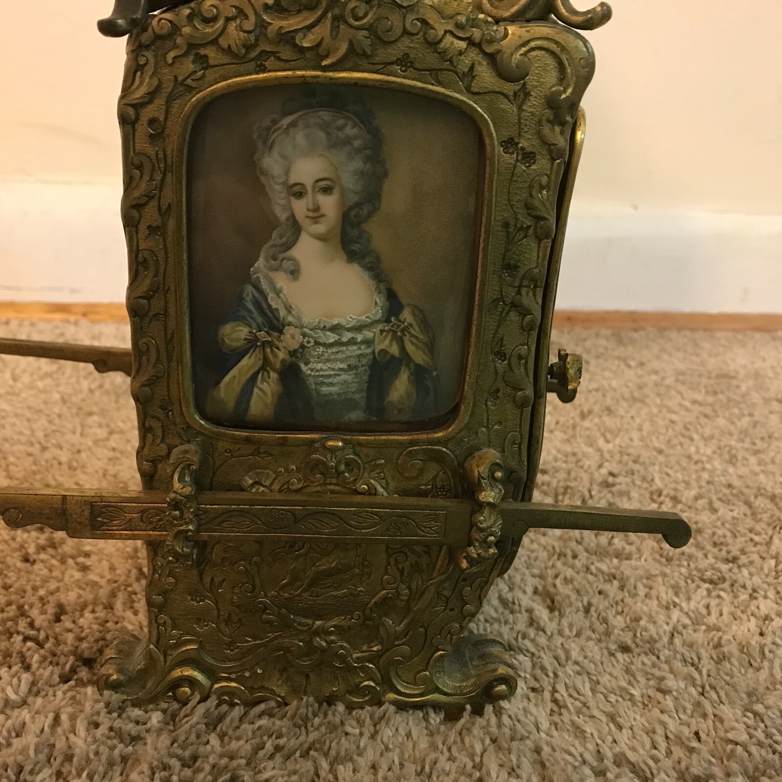 Antique 19th C  French Gilt Bronze Sedan Chair Portrait Clock