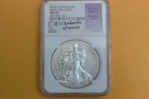 2014 W BURNISHED NGC MS70 SILVER EAGLE ELIZABETH JONES SIGNED EARLY RELEASES