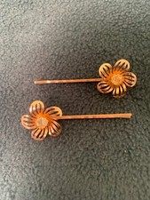 2 Vintage Flower Bobby Pin Hair Pins Brass Gold Tone with Rhinestone Center