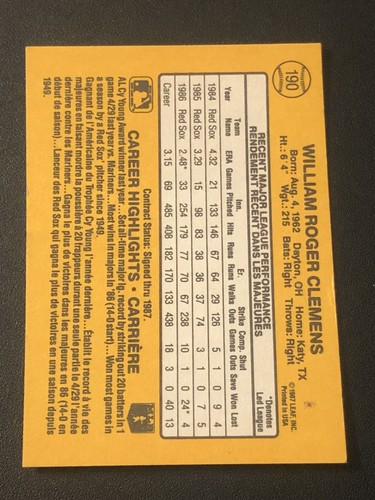 1987 Leaf Canadian Roger Clemens #190 - Picture 2 of 2