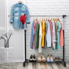 PORTABLE CLOTHES RAIL ADJUSTABLE GARMENT HANGING RACK DISPLAY STAND ON WHEELS