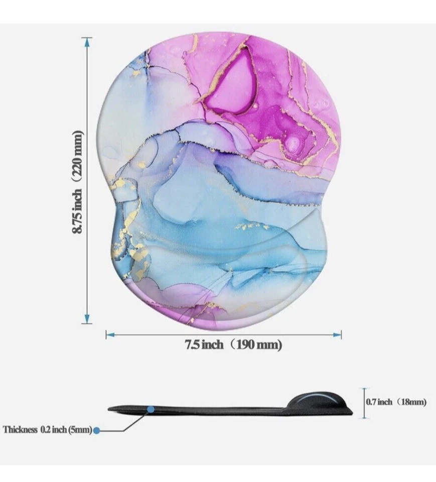 Ergonomic Design Mouse Pad with Wrist Rest Support Pink/blue Marble NEW!! - Image 2 of 4