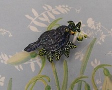 BLACKBIRD & SNOWDROP BROOCH Birdwatcher Bird Lapel Pin HANDMADE HAND PAINTED