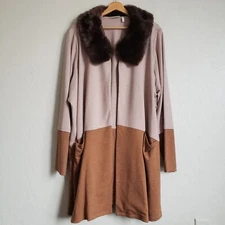 LOGO Lori Goldstein Faux Fur Collar Longline Cardigan Sweater Brown/Tan Size 3X