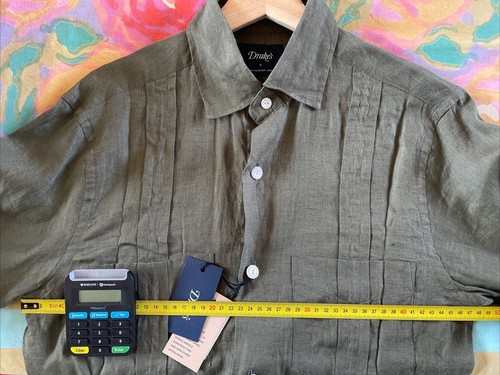 BNWT Drake's Khaki Green Linen Long Sleeve Cuban Guayabera Shirt Small Sold out - Picture 12 of 13