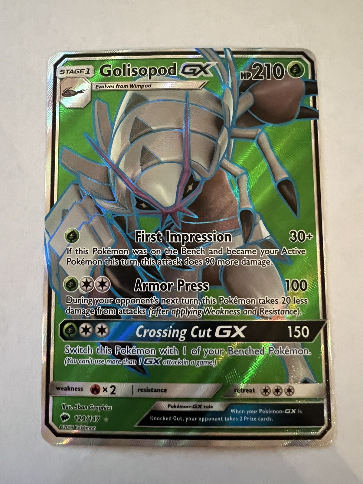 Golisopod GX 129/147 Pokémon TCG Burning Shadows Full Art Ultra Rare Near Mint