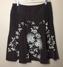 Vintage Talbots Petite Brown Cotton Embroidered Corduroy Floral Skirt Size 10