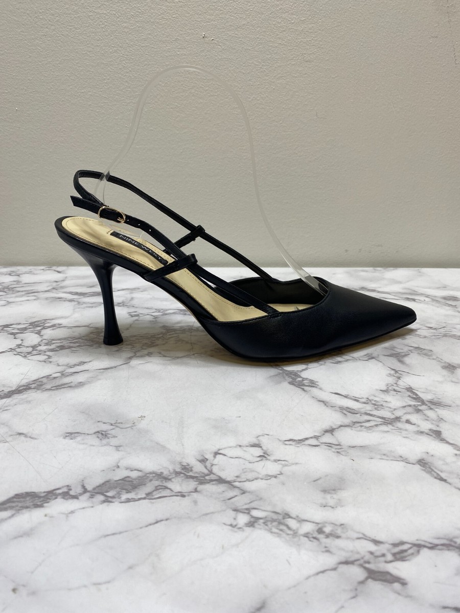 Nine West*華奢見え*女性らしい*バックストラップ*パンプス/Peni Nine West Peni Black Leather Pointy Toe Sling Back Heel sz