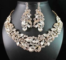 WEEPING WILLOW AUSTRIAN RHINESTONE CRYSTAL NECKLACE EARRINGS SET N1781-GOLD