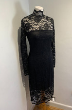 Ganni Flynn Lace Bodycon Dress 42 12 14 NEW Semi Sheer Sleeves black layers midi
