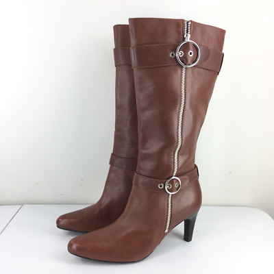 New Tall Boots Ecco size 40 9.5 10 Brown Leather Knee High  high Heel Buckle **