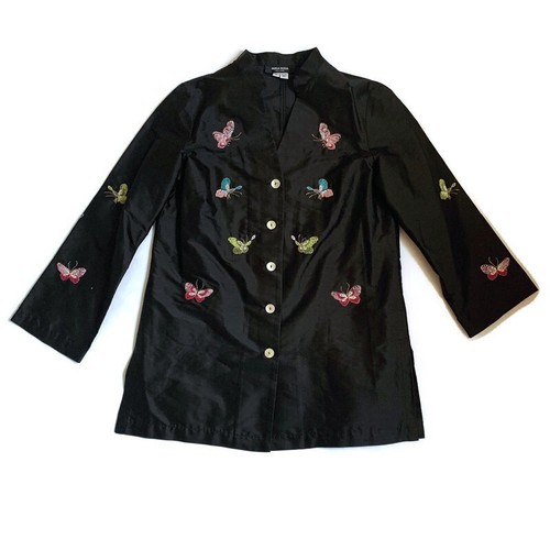Vtg Silk Black embroidered butterflies Button-up top asian Inspired Women Sz M