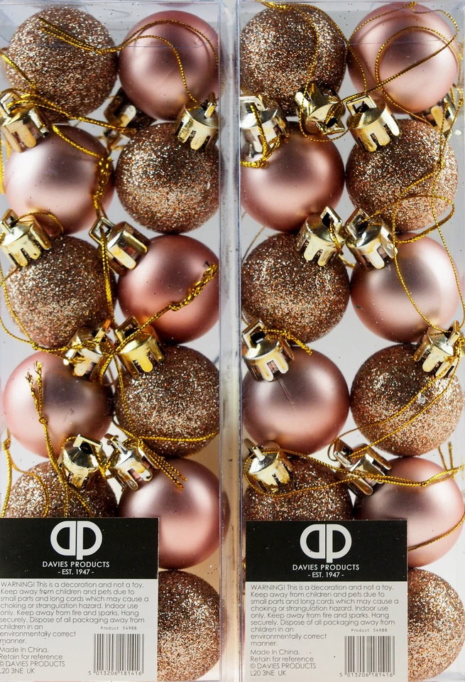 Mini Christmas Shine Glitter Tree Baubles Decorations - Rose Gold (Set of 24)