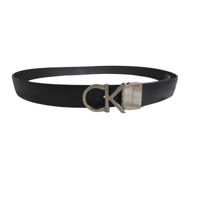 Calvin Klein Mens Black Leather Belt Silver CK Logo Plaque Buckle L