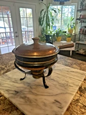 Vintage Copper Chafing Dish 10" W/ Brass Stand Fuel Holder & Wood Handle ITALY