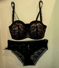 Adore Me Bra Womens 38D Black Tan Lace Lined Underwire With Matching XL Panties