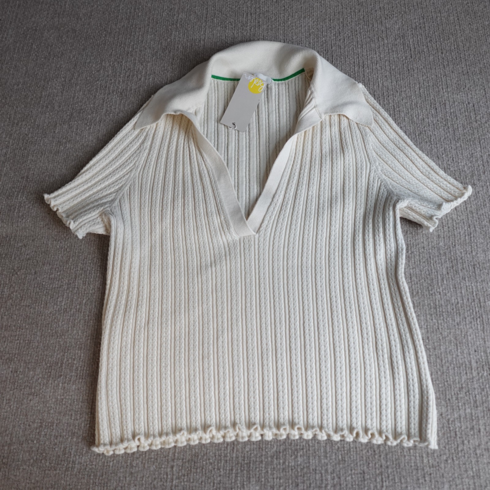 Boden Womens Top Large Ivory Beige  Knit Polo Sweater V-Neck