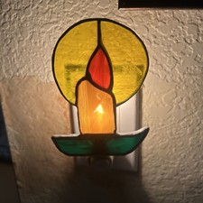 Christmas Candle Plug in Night Light Stained Glass Nightlight with On/Off Switch