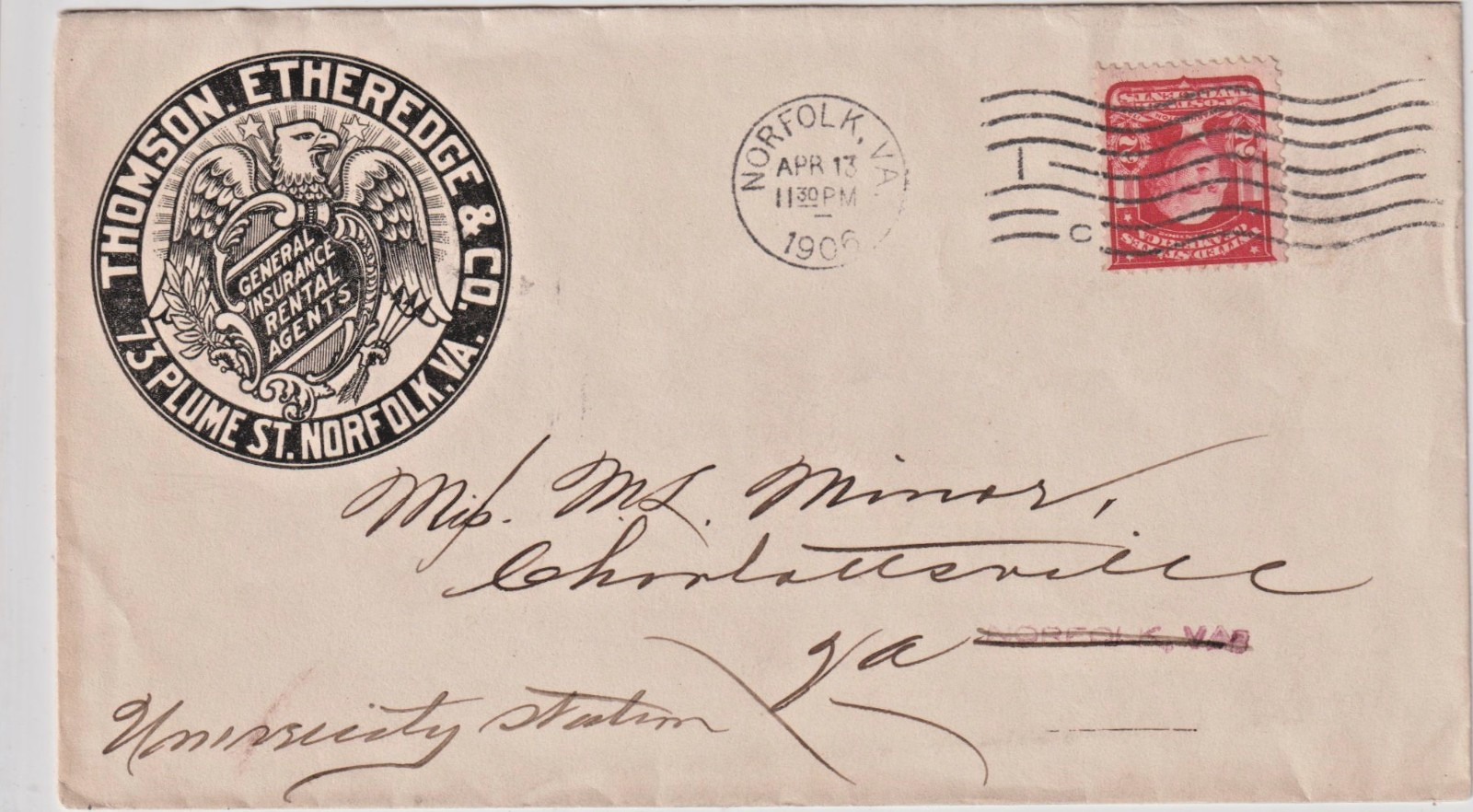 1906 Norfolk Va Cds Mch Cl #319 Illust Advt Thomson Etheredge Co Insurance K620