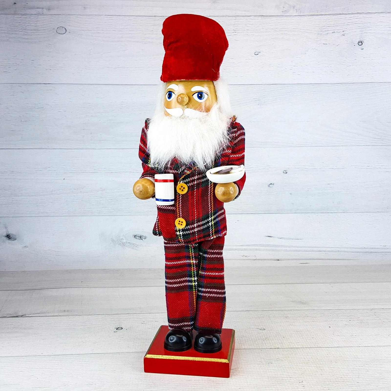 Santa in Pajama's Wood Nutcracker w Cookies & Milk Bedtime 14" Figure Plaid PJ's