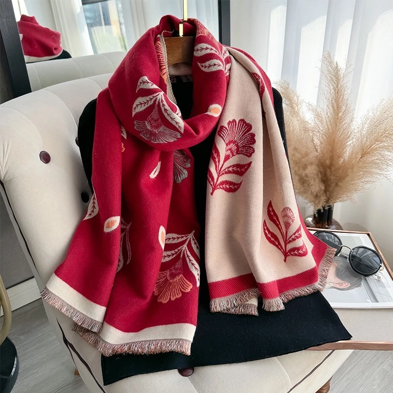 Oversized Cashmere Feel Scarf 73 x 26 Inch Leaf Print Warm Wrap Shawl - Image 4 of 4