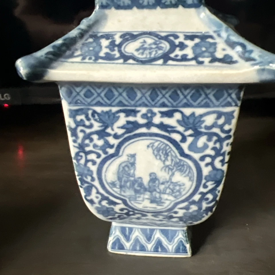 Tarro de porcelana azul y blanco vintage de 6,8" pagoda en la antigua China 1 pieza Foto 4 de 4