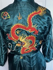 Vintage Golden Dragon Pure Silk Embroidered Kimono Robe Emerald Green Medium