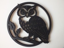 Large Owl Plaque Wall Art  Wood Black 19cm