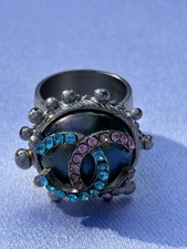 Anello CHANEL 02 Vintage Cristallo Strass CC Impreziosito Tono Argento