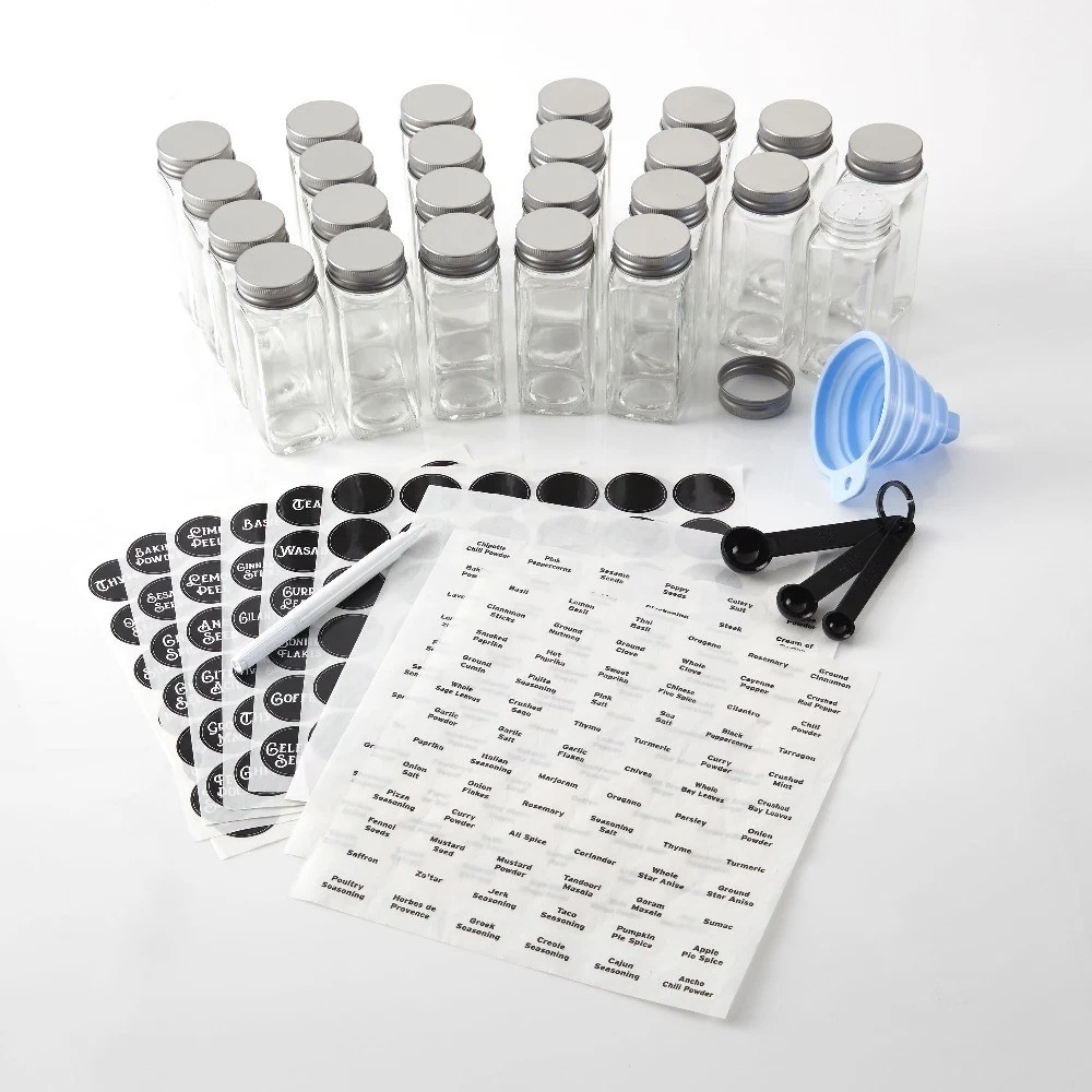 24 Piece Empty 4 oz. Glass Jars Kitchen Spice Set Organizer and Jar Filling Kit