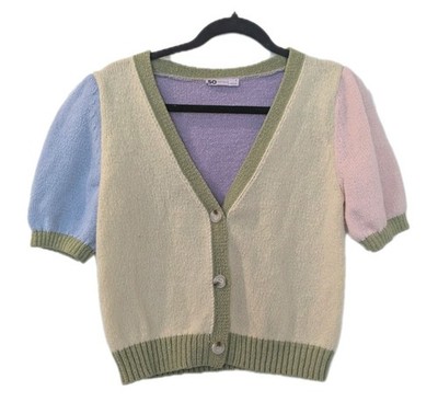 SO Multicolor Knit Button Short Sleeve V-Neck Cardigan Sweater Women's S