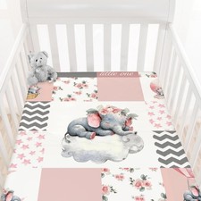 Pink Sleeping Elephant Flower Fitted Standard Crib for Baby Girl, Dream Big L...