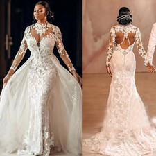Plus Size Mermaid Wedding Dress With Detachable Train Long Sleeve Lace Beach