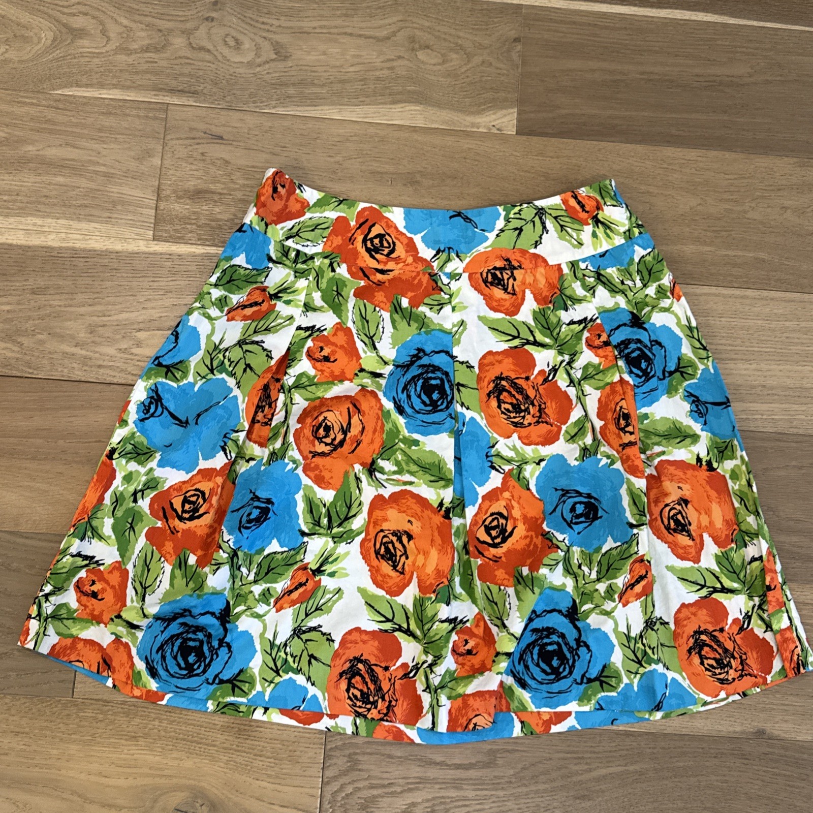 Talbots Petites 14P Floral A Line Skirt Orange Blue Cotton Blend Retro