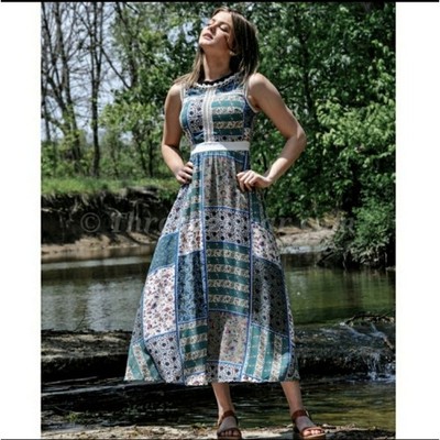 La Diosa patchwork open stitch fit & flare midi dress multicolor small