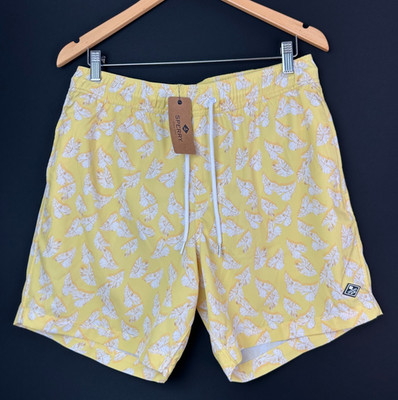 Sperry Men's Swim Trunks Palm Print Lined Board Shorts Yellow Size Medium 7'' Ins